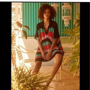 Free People Bayside Stripe Open Knit Crochet Poncho OS‎